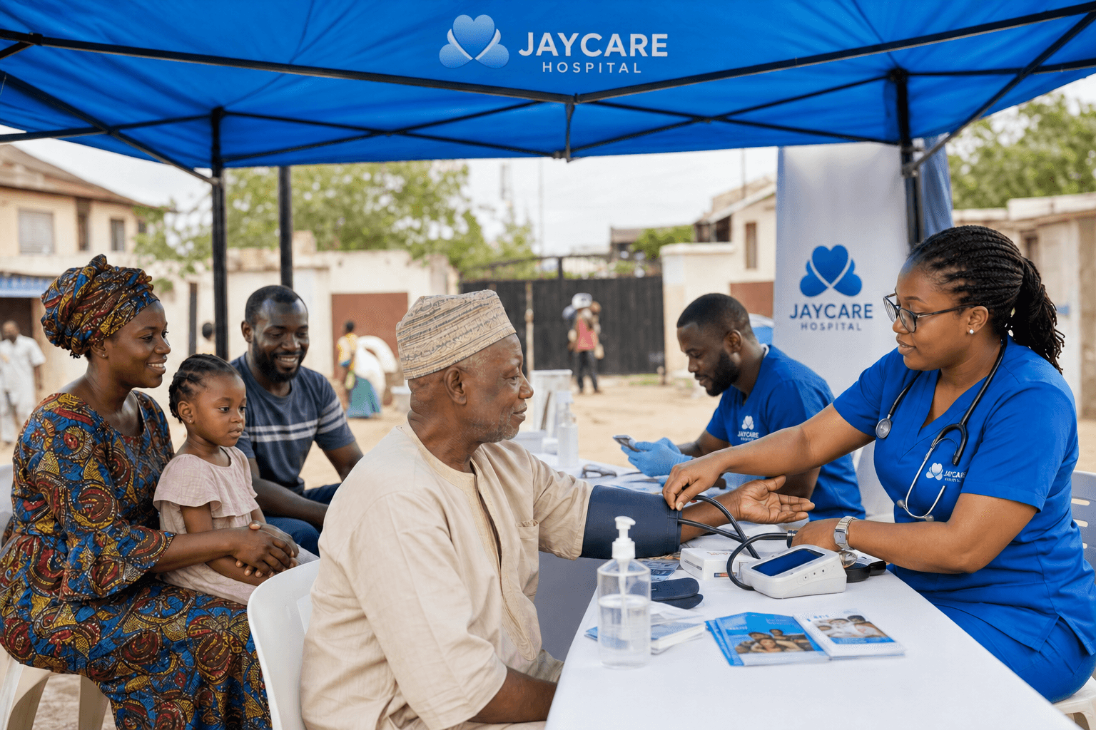A Jaycare clinician providing attentive support during community health outreach