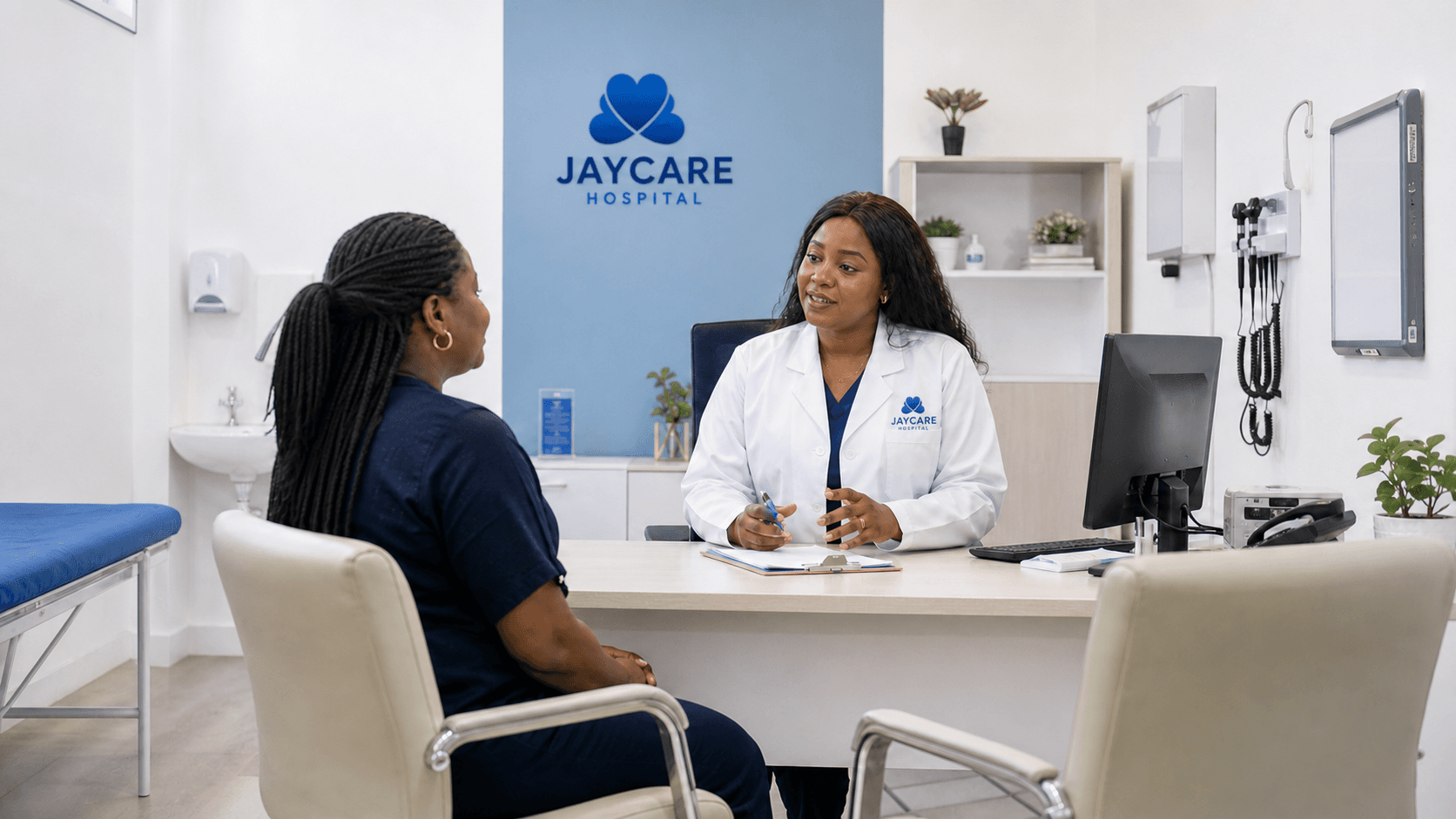 A Jaycare doctor speaking with a patient in a bright private consultation room