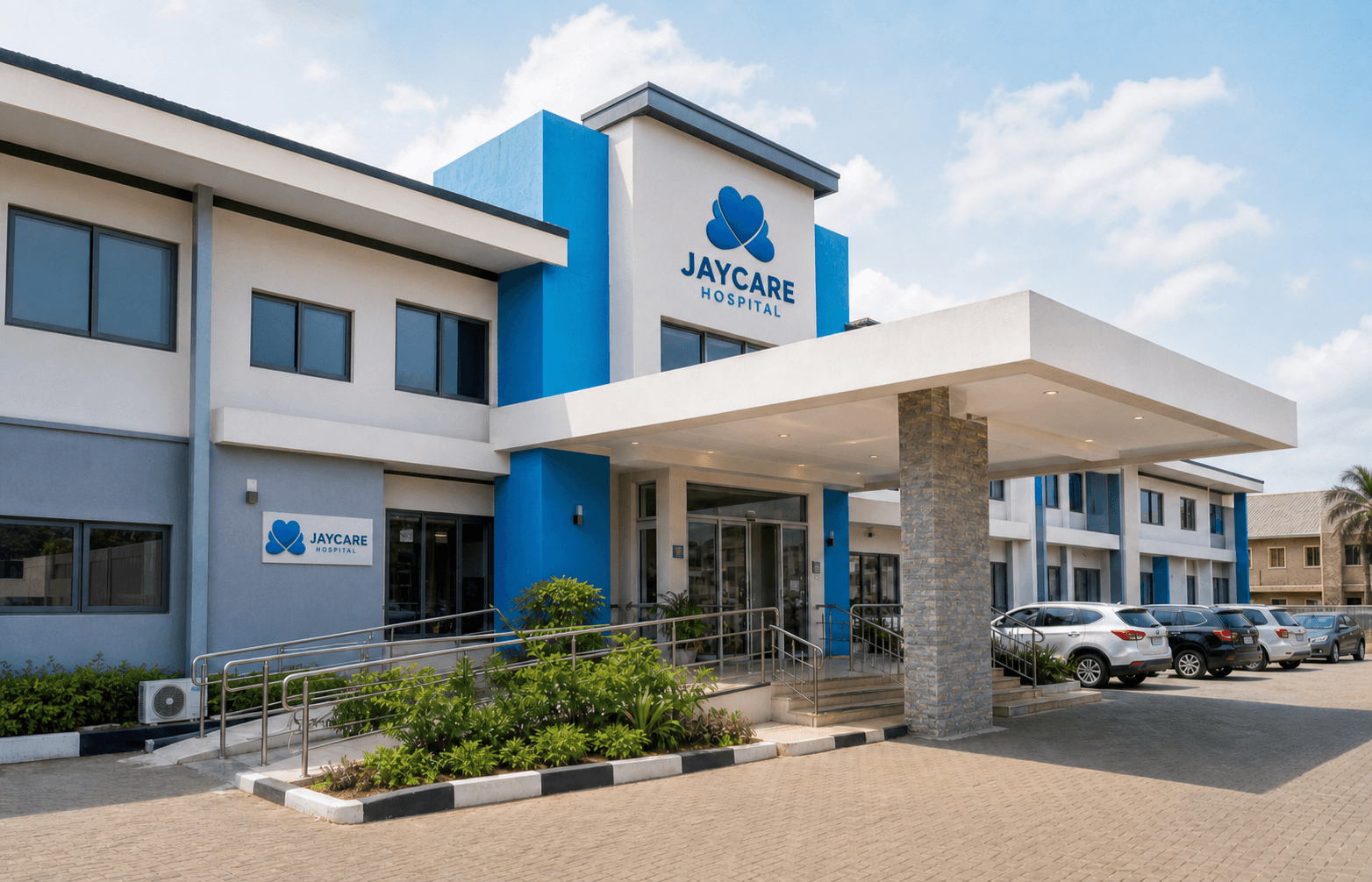 Jaycare Hospital exterior with a covered entrance, accessible ramp, and blue facade details