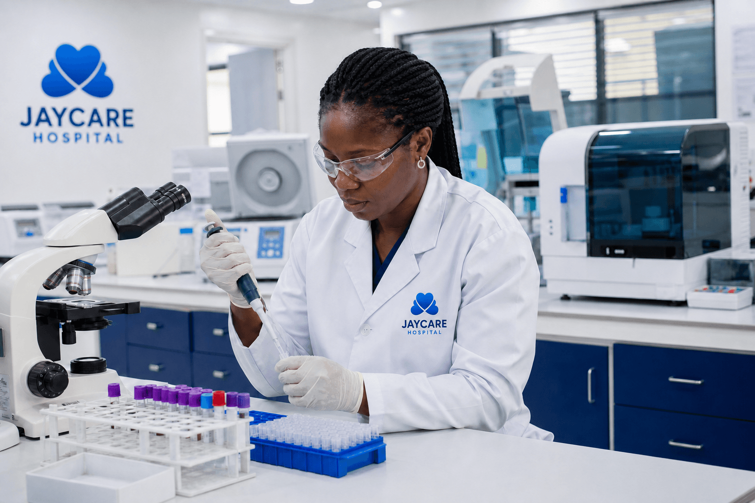 A Jaycare laboratory scientist working with modern diagnostic equipment